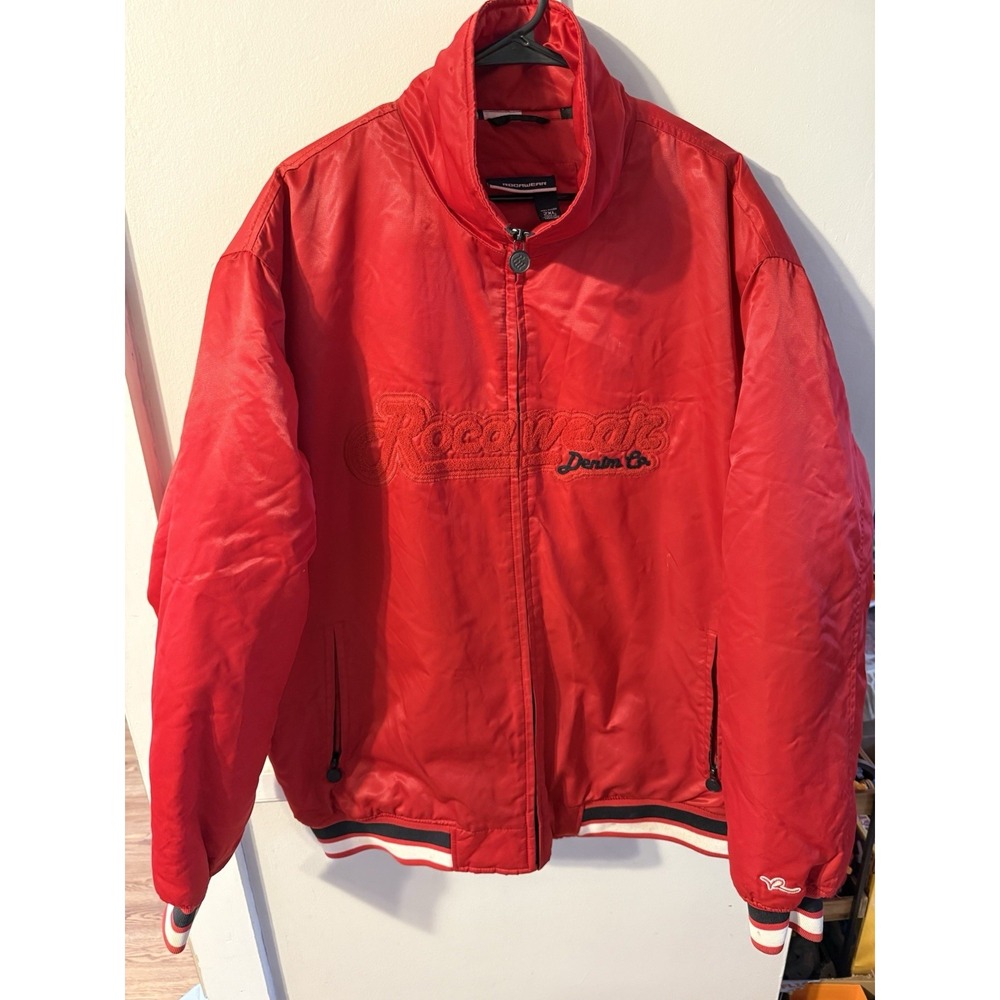 Vintage Rocawear Bomber Jacket Satin Embroidered Logo Red Men's Size 2XL Y2K